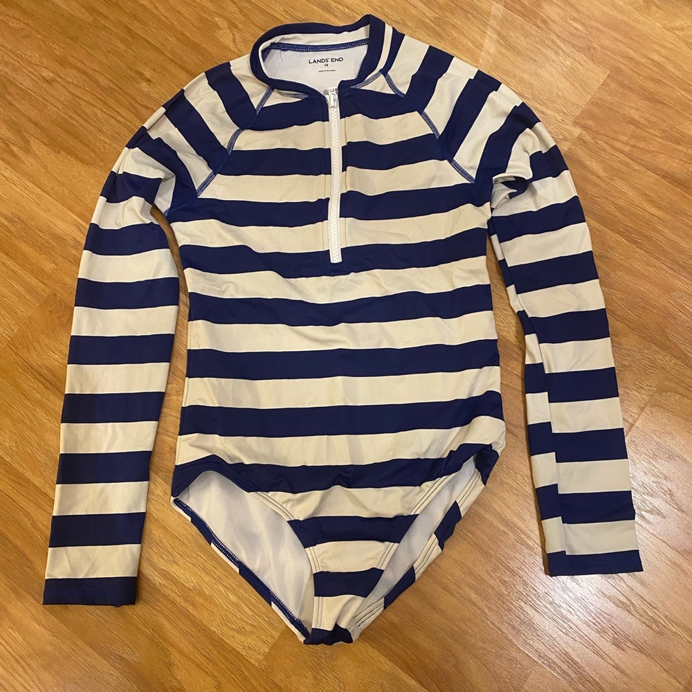 Lands' End Blue and Cream Striped One Piece Swimsuit with Long Sleeve Sunguard